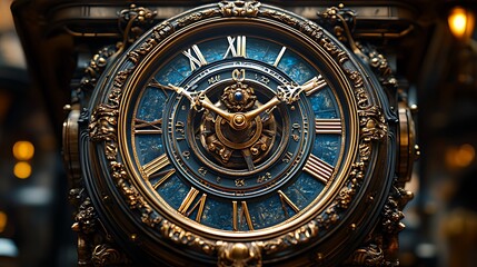 Obraz premium Intricate ornate clock face, gold Roman numerals, detailed mechanism.