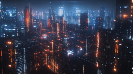 Fototapeta premium Smart digital Innovation city with connection network reciprocity over the cityscape. of future smart wireless digital city and social media networking systems that connects people with in city