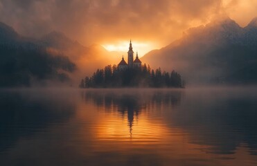 A castle is reflected in the water of a lake