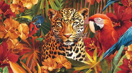 Obraz premium Vibrant wildlife encounter leopard and parrots in tropical jungle nature illustration enthralling view of flora and fauna