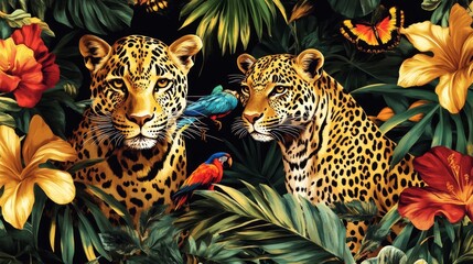 Naklejka premium Two majestic leopards amidst tropical flora exotic jungle wildlife art vibrant environment close-up view nature's beauty