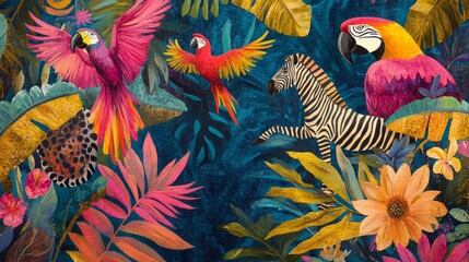 Fototapeta premium Vibrant tropical wildlife encounter lush jungle digital artwork exotic environment vibrant color palette nature concept