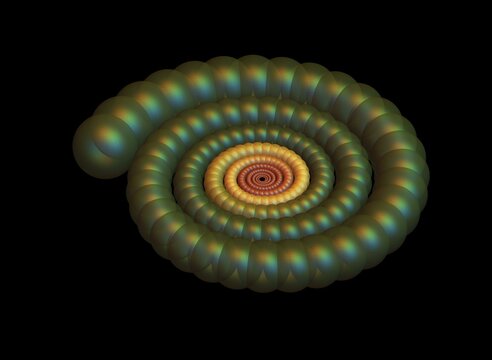 Nautiloide Iridiscente
Esferas de di&aacute;metro decreciente sobre una espiral arquimediana on reflejos nacarados y tonos cambiantes.  Fondo negro.