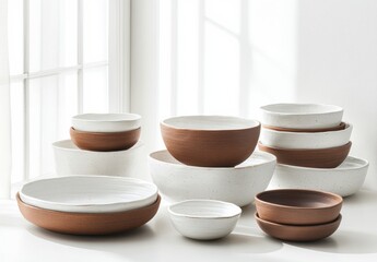 A collection of white and brown bowls and plates are arranged on a white table