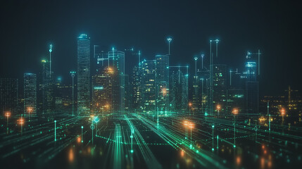 Fototapeta premium Smart digital Innovation city with connection network reciprocity over the cityscape. of future smart wireless digital city and social media networking systems that connects people with in city