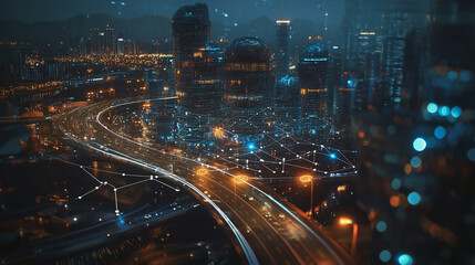 Obraz premium Smart digital Innovation city with connection network reciprocity over the cityscape. of future smart wireless digital city and social media networking systems that connects people with in city