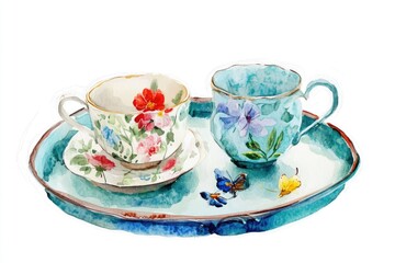 Watercolor illustration of a delicate tea cup and saucer