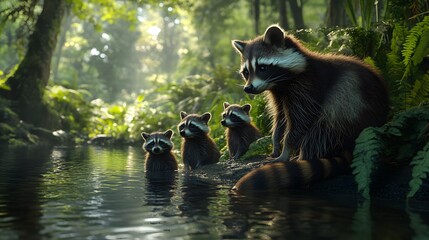 Obraz premium Raccoons Playing by the Water