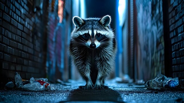 Raccoon Exploring a Nighttime Urban Alley