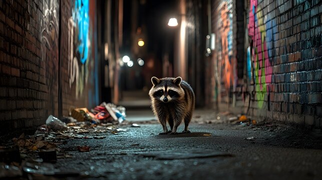 Raccoon in Urban Alley at Night
