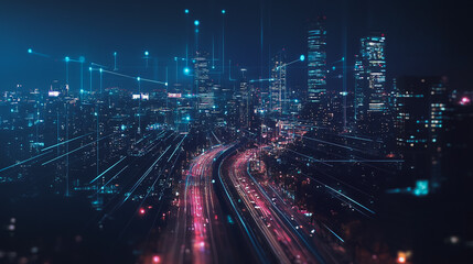 Fototapeta premium Smart digital Innovation city with connection network reciprocity over the cityscape. of future smart wireless digital city and social media networking systems that connects people with in city