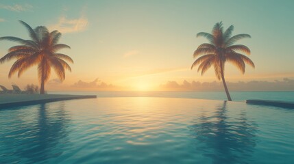 Tropical Resort Infinity Pool Overlooking Beach Sunset