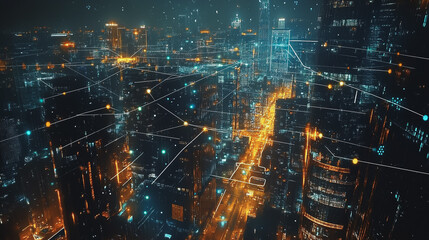 Obraz premium Smart digital Innovation city with connection network reciprocity over the cityscape. of future smart wireless digital city and social media networking systems that connects people with in city