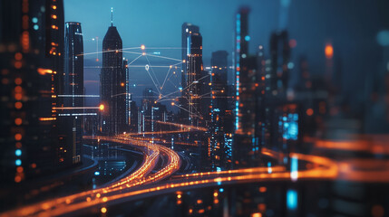 Obraz premium Smart digital Innovation city with connection network reciprocity over the cityscape. of future smart wireless digital city and social media networking systems that connects people with in city