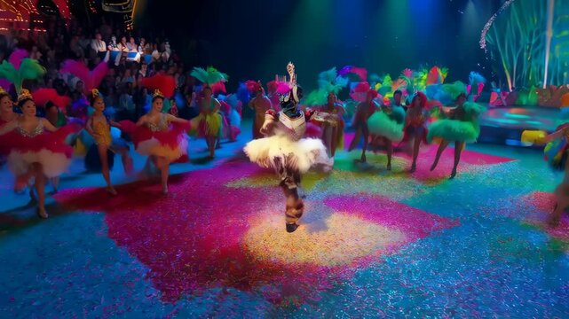 In a vibrant display, a robot performs captivating dance moves alongside a group of colorful dancers, creating an exciting and entertaining atmosphere for all