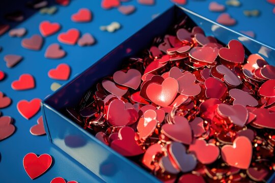A blue box filled with numerous red hearts, ideal for Valentine's Day or romantic gestures