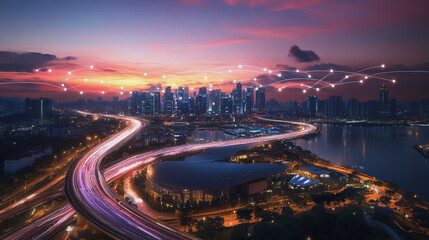 Smart digital Innovation city with connection network reciprocity over the cityscape. of future smart wireless digital city and social media networking systems that connects people with in city