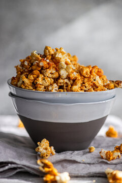 Top view of sweet caramel popcorn in a bowl