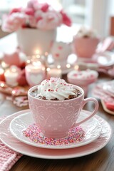 Valentine theme hot chocolate with whipped cream and sprinkles in pink cup, other dessert item on background