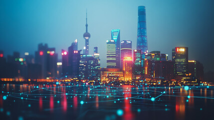 Obraz premium Smart digital Innovation city with connection network reciprocity over the cityscape. of future smart wireless digital city and social media networking systems that connects people with in city