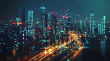 Fototapeta premium Smart digital Innovation city with connection network reciprocity over the cityscape. of future smart wireless digital city and social media networking systems that connects people with in city