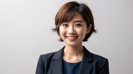 Potrait of Japanese woman short hair wearing formal black suits smiling front camera on white background ai generate