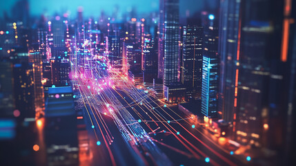 Fototapeta premium Smart digital Innovation city with connection network reciprocity over the cityscape. of future smart wireless digital city and social media networking systems that connects people with in city