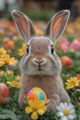 A rabbit sits among blooming flowers