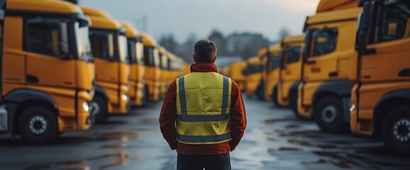 A person in a safety vest stands before a row of yellow trucks in a lot.