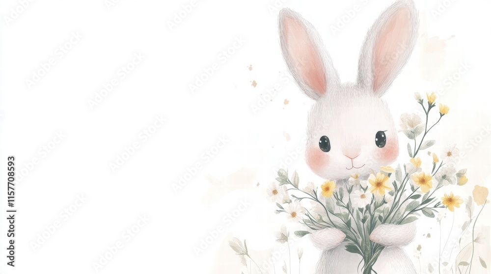 Poster cuddly rabbit holds a beautiful bouquet of flowers in a charming illustration for creative projects.