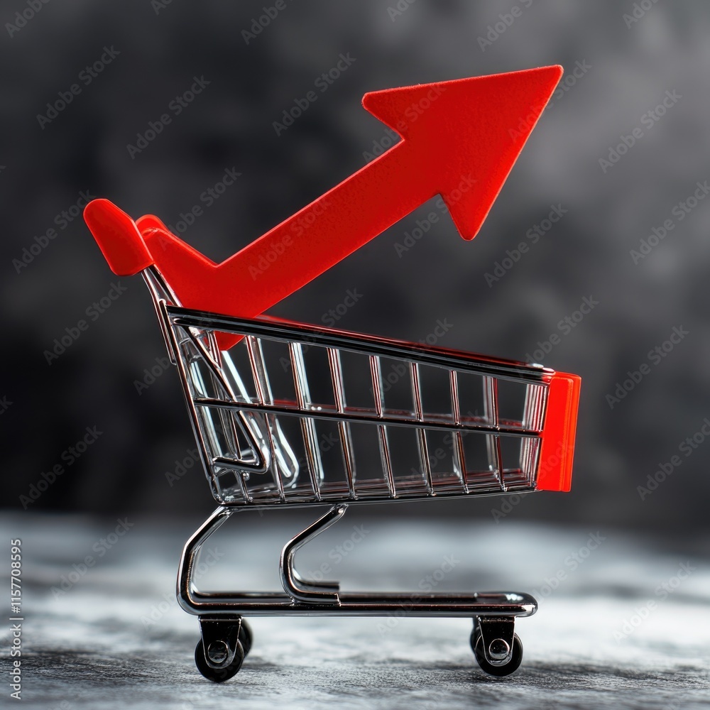 Poster Illustration of a shopping cart with a red arrow pointing upwards, perfect for concepts related to online shopping or e-commerce