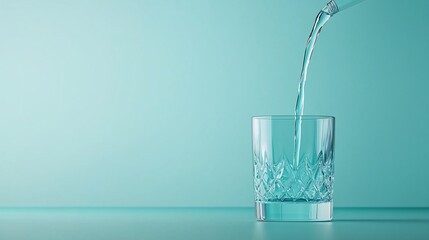 Water pouring into a crystal glass on a teal background.