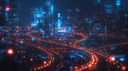 Smart digital Innovation city with connection network reciprocity over the cityscape. of future smart wireless digital city and social media networking systems that connects people with in city