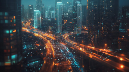 Naklejka premium Smart digital Innovation city with connection network reciprocity over the cityscape. of future smart wireless digital city and social media networking systems that connects people with in city