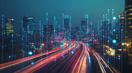 Fototapeta premium Smart digital Innovation city with connection network reciprocity over the cityscape. of future smart wireless digital city and social media networking systems that connects people with in city