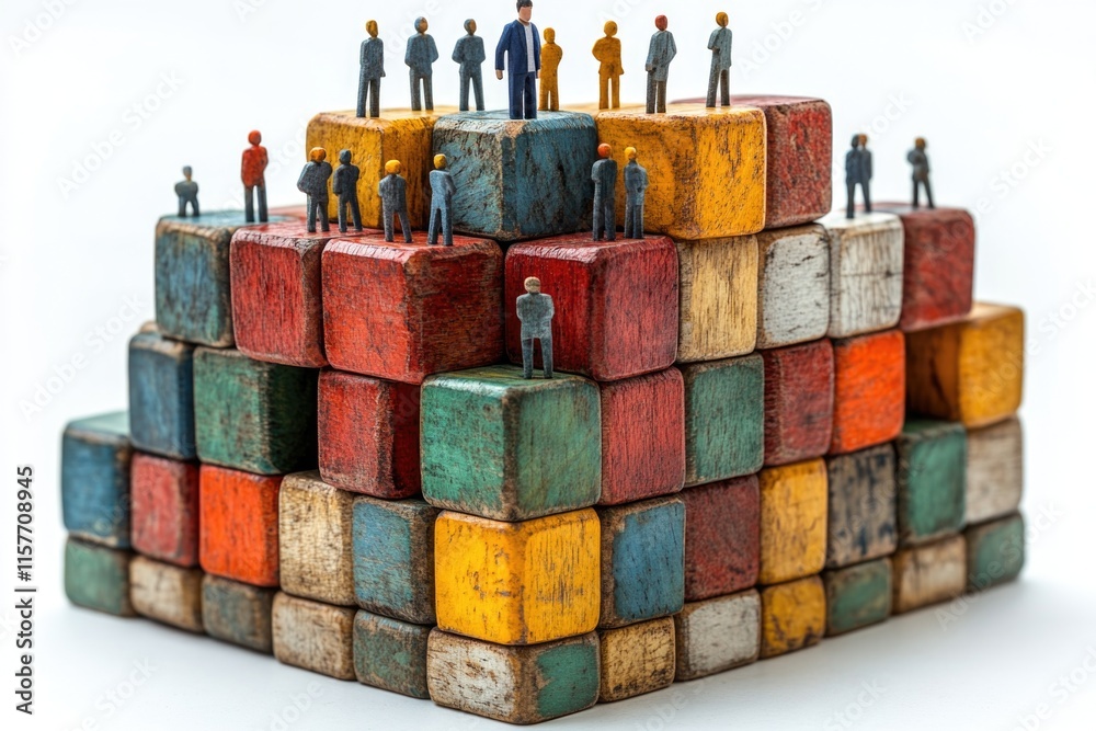 Poster group of individuals standing on wooden platforms, perfect for use in infographics, presentations or