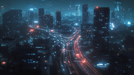 Fototapeta premium Smart digital Innovation city with connection network reciprocity over the cityscape. of future smart wireless digital city and social media networking systems that connects people with in city