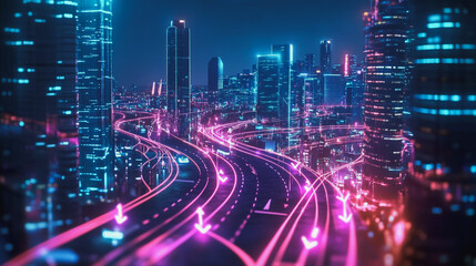 Fototapeta premium Smart digital Innovation city with connection network reciprocity over the cityscape. of future smart wireless digital city and social media networking systems that connects people with in city