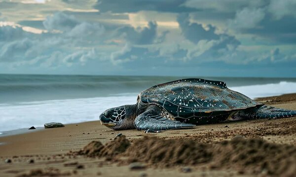 Sea turtle rests on sandy beach by ocean under cloudy sky