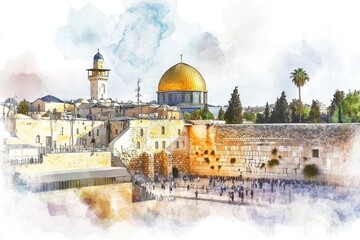 Fototapeta premium Watercolor image of the Dome of the Rock in the Old City of Jerusalem