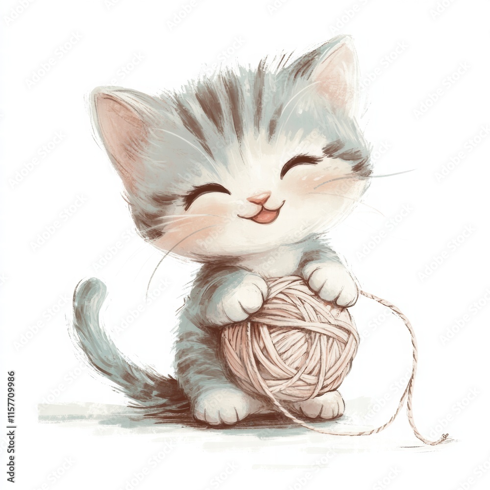 Poster Cute kitten plays joyfully with a ball of yarn in a bright setting with space for text or branding. Generative AI