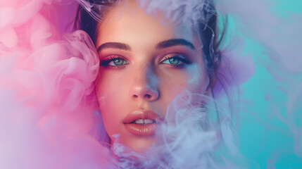 royalty free stock image of young woman with purple pink smoke on pastel blue background abstract fashion ai generated image close up portrait of top model



