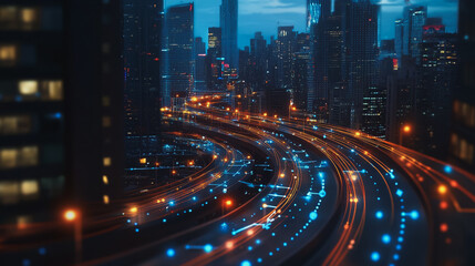 Fototapeta premium Smart digital Innovation city with connection network reciprocity over the cityscape. of future smart wireless digital city and social media networking systems that connects people with in city