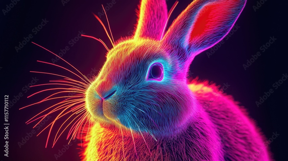 Poster a bright and colorful neon rabbit, perfect for use as a design element or illustration