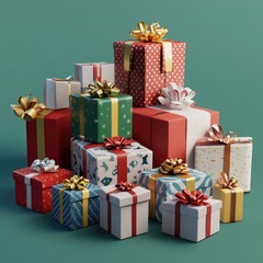Obraz premium A stack of colorful gift boxes decorated with ribbons and bows, perfect for wrapping presents or as a decorative accent