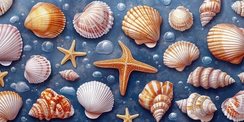 A collection of sea shells and starfishes on a blue surface, great for ocean or beach themed designs