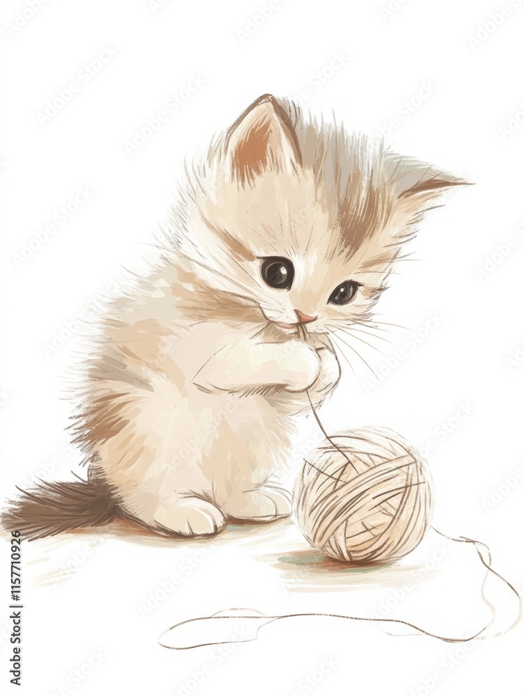 Poster cute kitten interacts playfully with a ball of yarn on a white background with space for text. gener