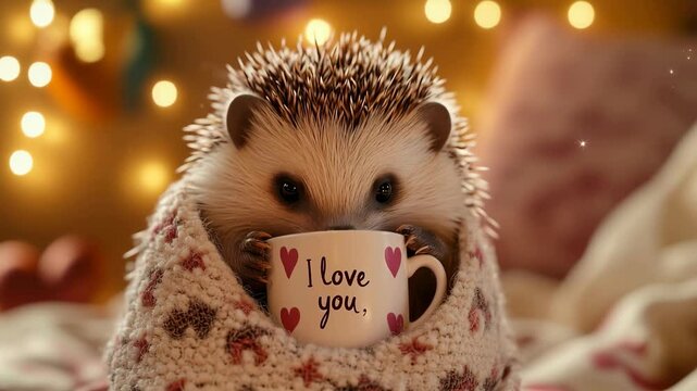 Cute hedgehog wrapped in a cozy blanket, sipping from a mug with Love You text, surrounded by soft glowing lights, creating a warm and affectionate Valentines Day atmosphere