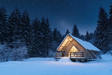 A small cabin is lit up at night, surrounded by trees and snow