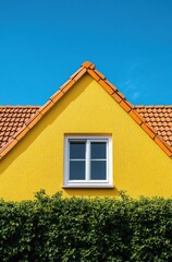 Obraz premium A yellow house with a red roof and a window